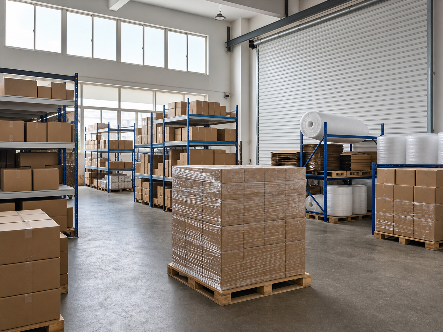 Warehouse dispatch area with cartons and palletized inventory