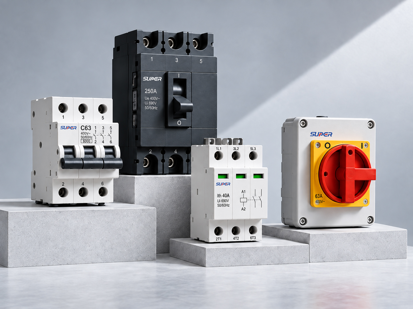 Electrical protection and power distribution products arranged in a studio setting