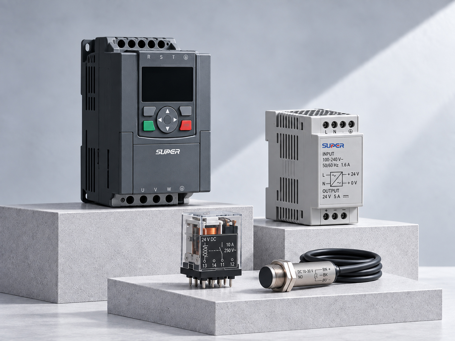 Industrial control components including drives, power supplies, relays, and sensors