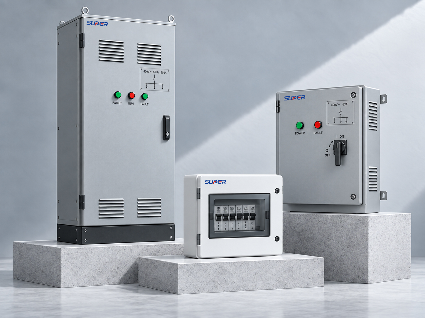 Electrical switchgear and panels shown at several cabinet scales