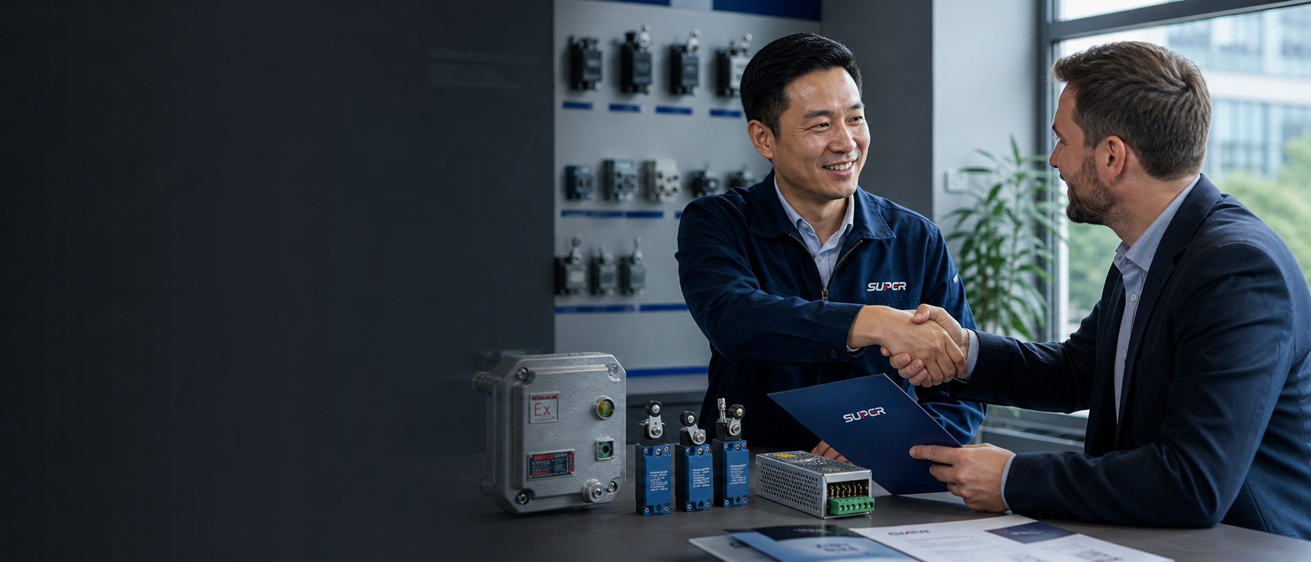 SUPOR representative and international customer shaking hands after reviewing industrial electrical products