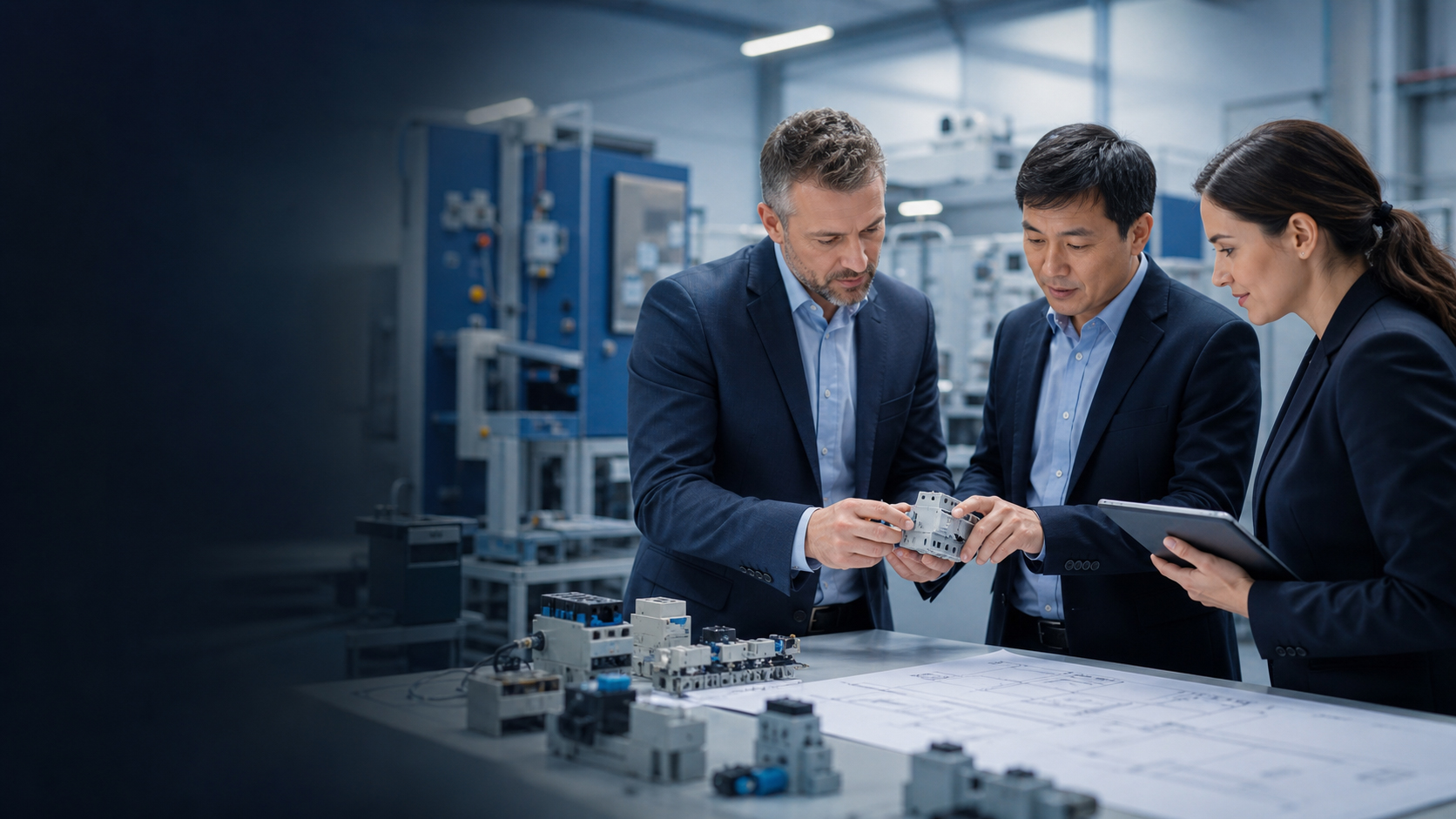 International distributor and electrical manufacturing team reviewing product samples in a factory