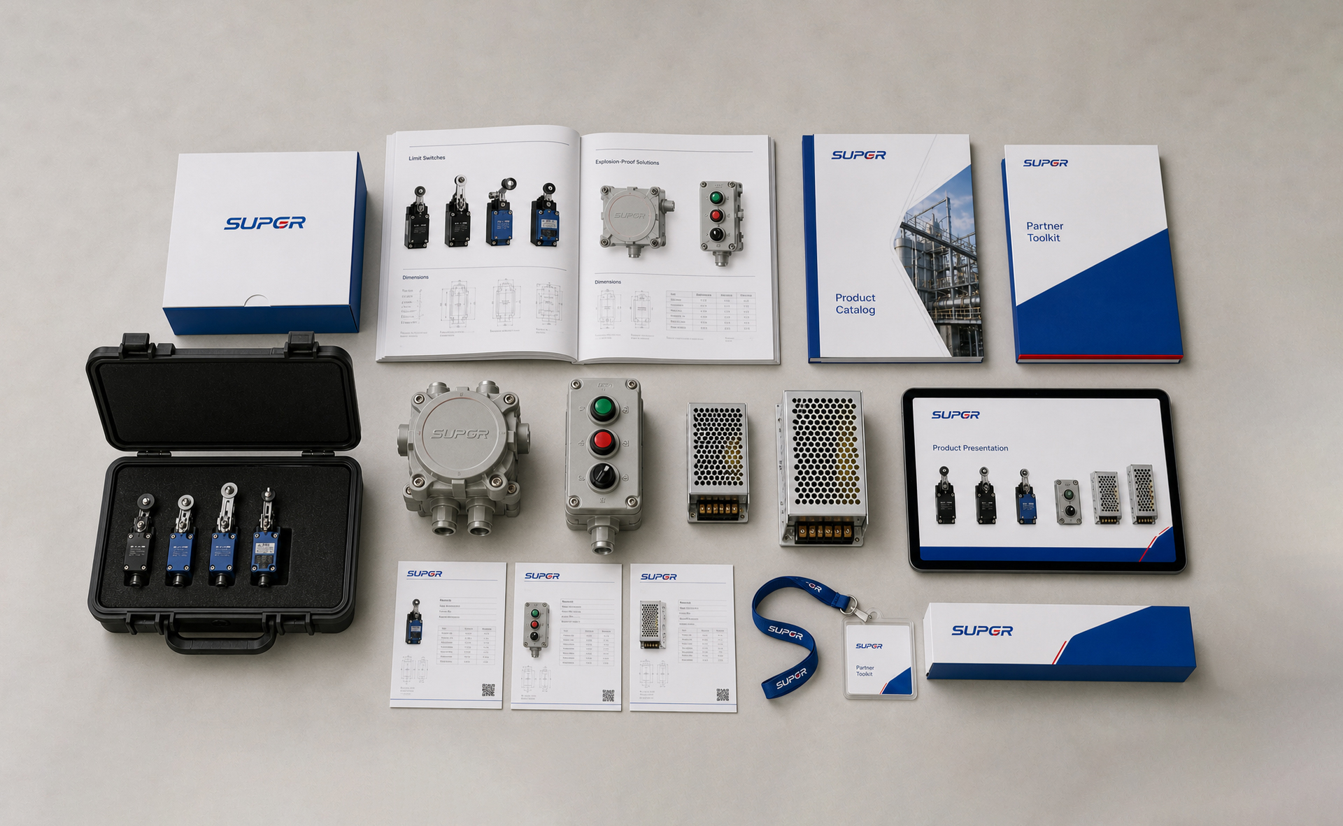 SUPOR partner toolkit with compact limit switches, larger switching power supplies, large explosion-proof products, catalogs, packaging and digital presentation