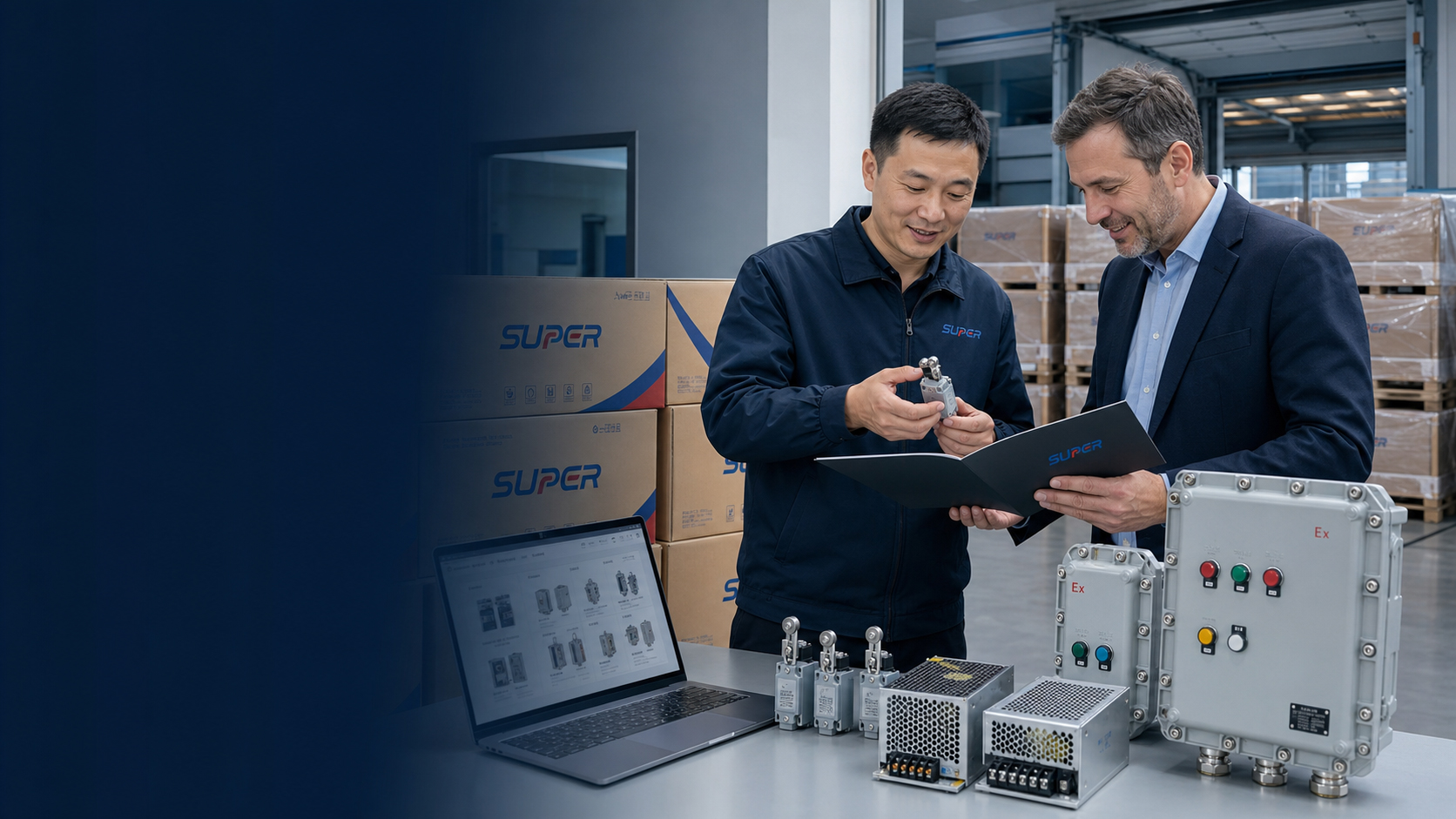 Distribution partner reviewing launch materials beside industrial electrical products and export cartons