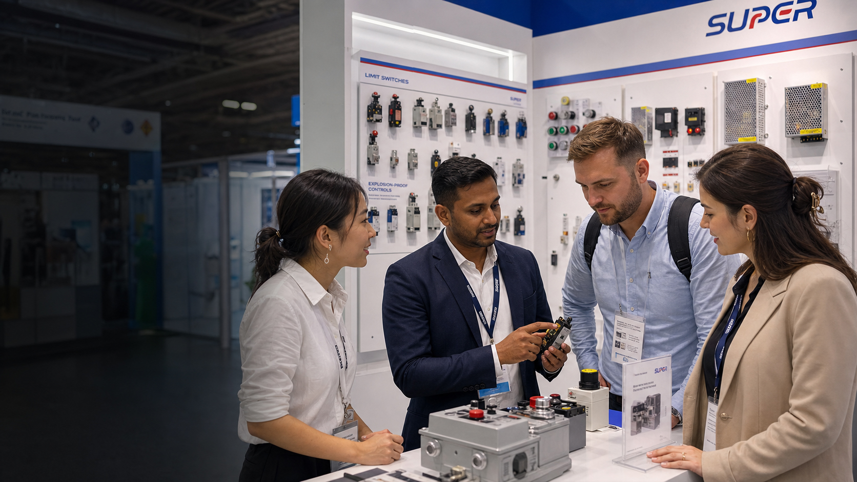 International visitors discussing an electrical control product at a SUPOR exhibition booth