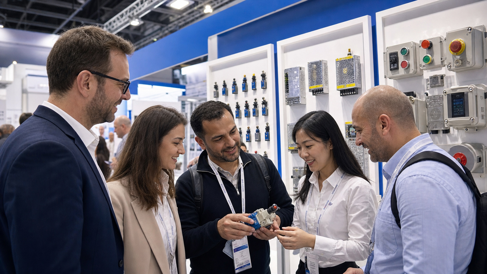 International visitors and SUPOR representative reviewing an industrial electrical product at a trade fair